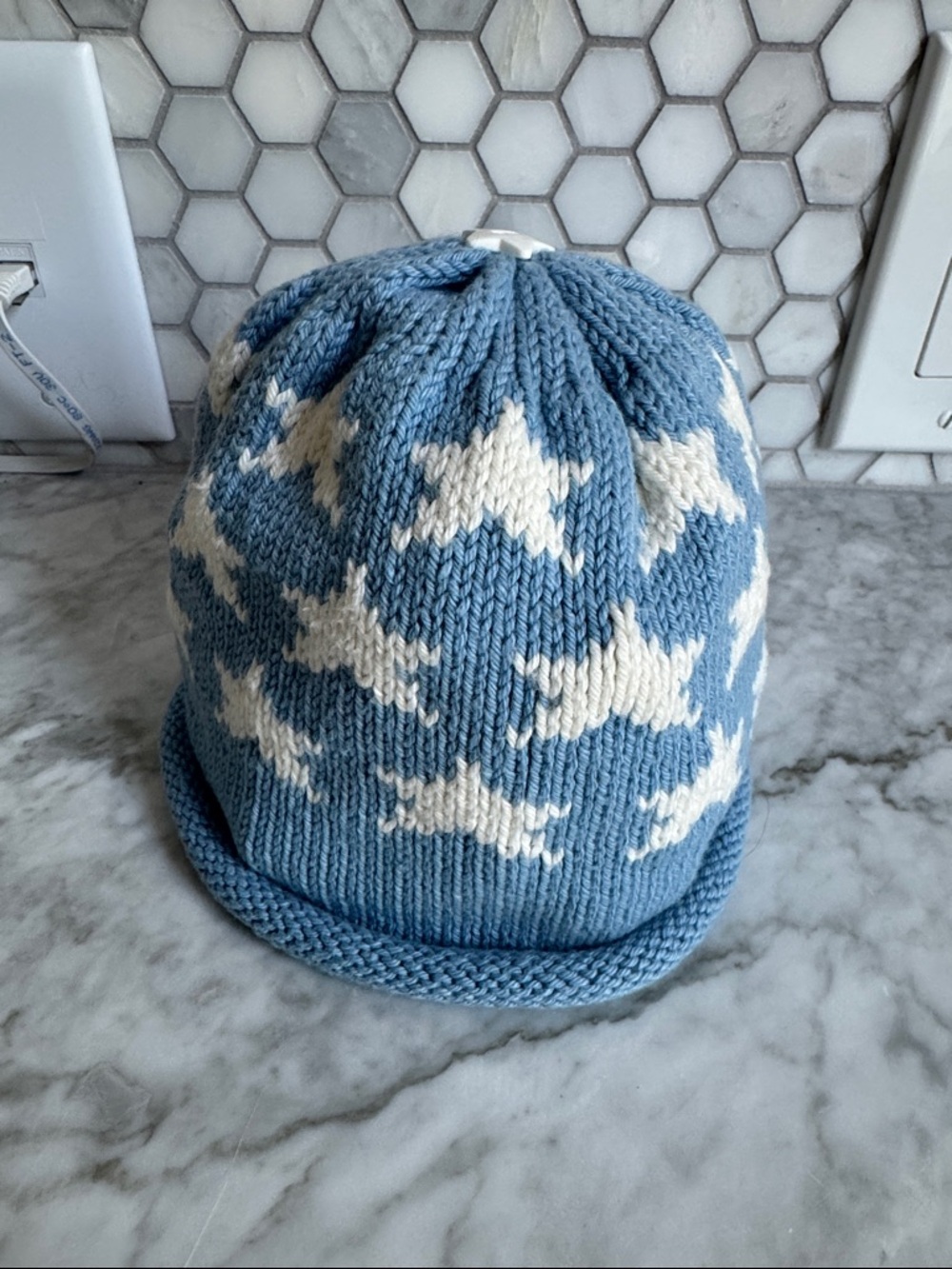 Kids Blue Knit Beanie with White Star Pattern